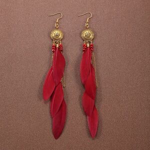 Bohemian burgundy‎ feather beaded dangle earrings